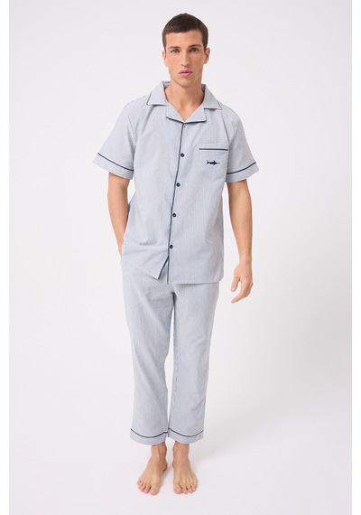 L'espadon Marısılk Seastrıpe Erkek Dokuma Yazlık Kısa Kollu Pantolonlu Pijama & Lounge Takımı-3196 Mavi