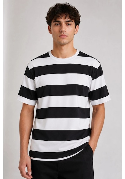 Erkek Çizgili Oversize Tişört Bisiklet Yaka Kısa Kol Yazlık T-shirt - Siyah Çok Renkli