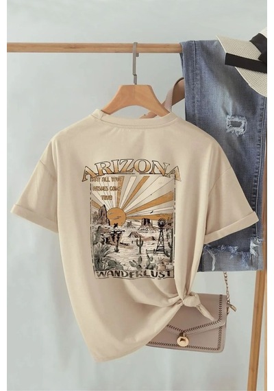 Uyguntarz Unisex Sırt Baskılı Arizona Oversize Tshirt Bej