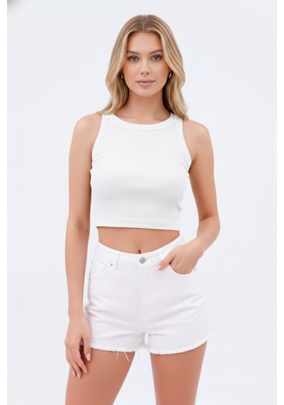 Zedefx Kadın Halter Yaka Pencere Detaylı Crop Bluz Beyaz