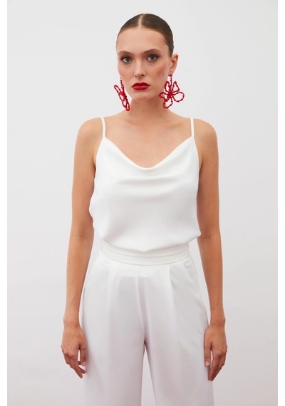 Sateen Askılı Degaje Yaka Bluz Beyaz
