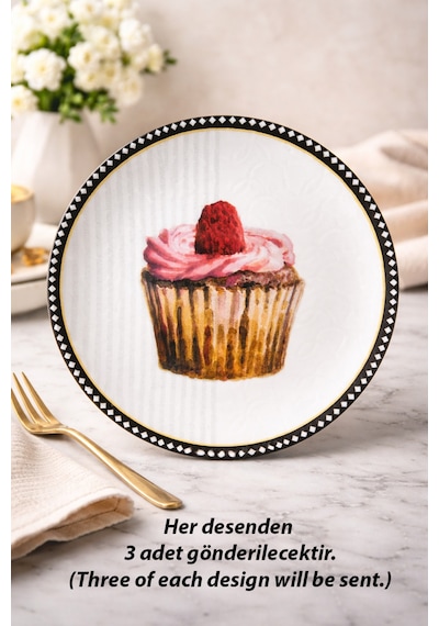 Grandora Pasta Tabağı Cupcake Desenli 6 Adet, 20 Cm Pasta, Tatlı Sunum Tabağı Seti, Doğum Günü Tabağı Çok Renkli