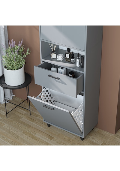 Çamaşır Sepetli Banyo Dolabı, Çok Amaçlı Çekmeceli Dolap 60 X 200 Cm Kül Gri