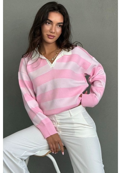 Madmext Pembe Çizgili Polo Yaka Kadın Kazak Mg2882