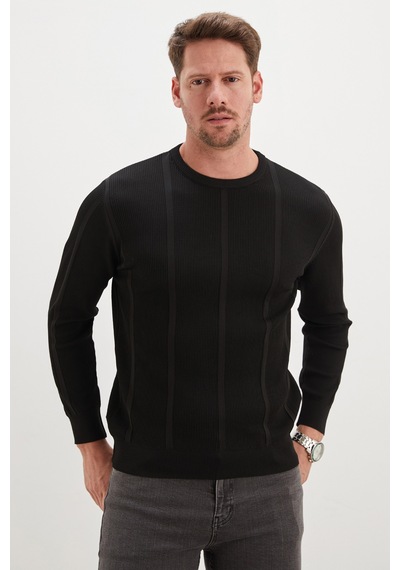 Fullamoda Fitilli Bisiklet Yaka Regular Fit Triko Kazak Siyah