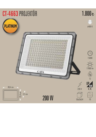 Ct-4663 200w Led Projetör 1 Adet Beyaz Işık