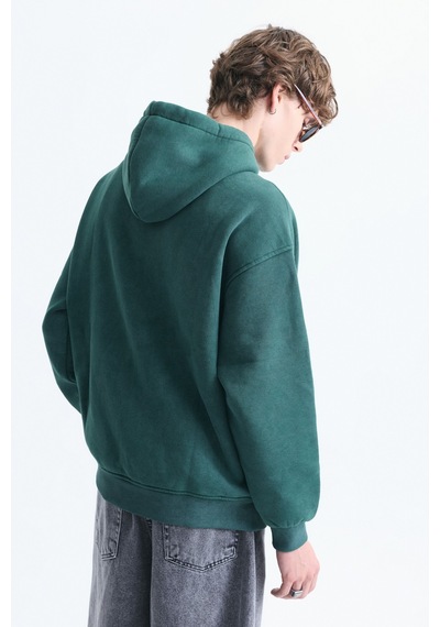 Vamos Basic Oversize Yıkamalı Hoodie Nefti Yeşil