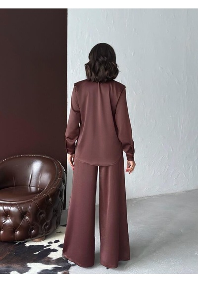 Ckm Moda Lune Yüksek Bel Bol Paça Saten Pantolon Kahve