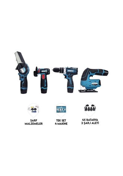 Dawreek Bt0203 Akülü 4lü Mini Set - Mini Testere+ Avuç Taşlama+ Akülü Vidalama + Dekupaj