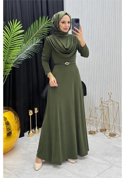 Neşeli Butik Kadın Haki Sandy Kumaş Degaje Yaka Kemer Detaylı Tesettür Elbise---- Nms096