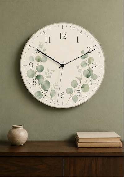 AA Shop Dekoratif Baskılı Ahşap Botanik Desenli Duvar Saati Sessiz Akar Mekanizmalı Modern Çiçek Ve Yaprak 817 Çoklu Renkli