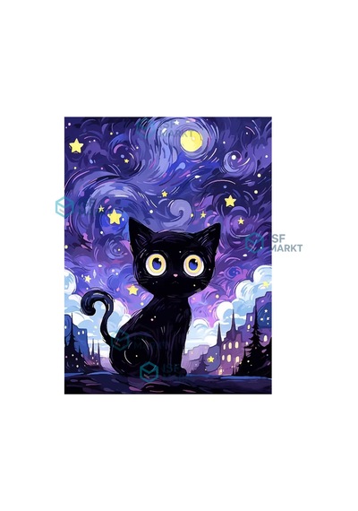5d Dıy Elmas Boyama Seti - Mor Gece Gök Altında Siyah Kedi 30x40 Cm Yuvarlak Elmaslı, Çerçevesiz