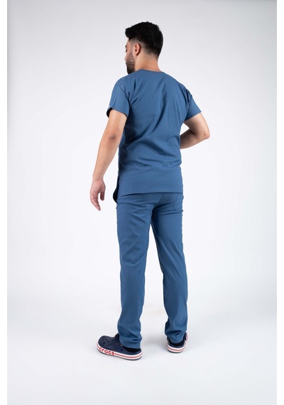 İndigo Mavi Likralı Erkek Hemşire Ve Doktor Forması Takımı Scrubs Hastane Üniforması