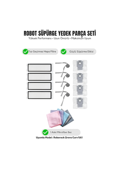 Roborock Qrevo Curv 5a1 İle Uyumlu 4 Yan Fırça 4 Filtre 4 Toz Torbası 1 Temizlik Bezi 14.0