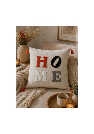 Punch Nakışlı Kırlent Kılıfı 45x45 Cm Kırlangıç Home Çapa Çiçek Desenli Turuncu-home
