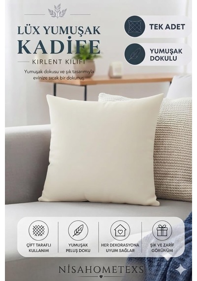 Lüks Yumuşak Dokulu Kadife Salon Kırlent Kılıfı Krem, 50 Cm X 50 Cm Diğer
