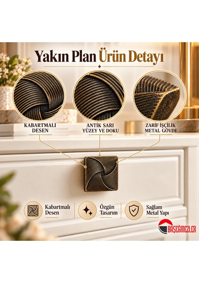 Haskan Gül Düğme Kulp Antik Sarı