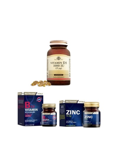 Solgar Vitamin D3 1000 Iu 100 Kapsül + Nutraxin Vitamin B12 60 Dilaltı Tablet + Zinc Sulphate 100 Tablet