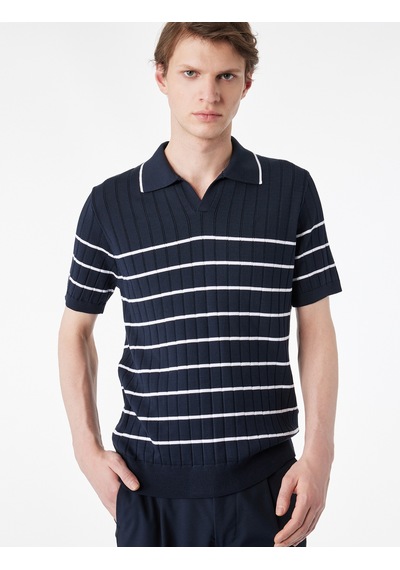 Koton Viskon Polo Yaka Çizgili Dokulu Kısa Kollu Triko Tişört Lacivert Çizgili 6sam70012ht Koton Viskon Polo Yaka Çizgili Dokulu Kısa Kollu Triko Tişört Lacivert Çizgili 6sam70012ht