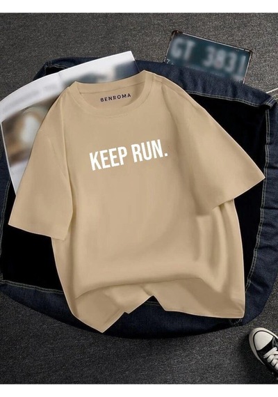 Oversıze Keep Run Baskılı Unısex Tisort Baskılı Bej