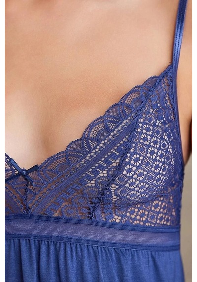 Pierre Cardin 2820 Kadın Lacivert Dantelli Penye 3'lü Sabahlıklı Pijama Takım 001