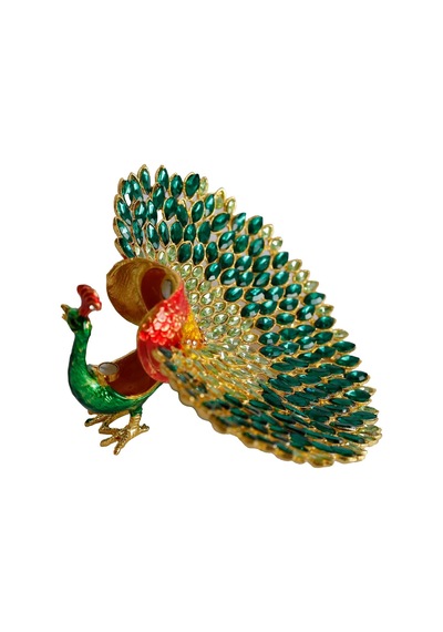 Kristal Taşlı Metal Tavus Kuşu Biblo, El İşçiliği Dekoratif Figür, 17x16 Cm, Yeşil Diğer