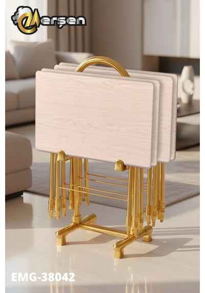 Eranş Serisi 4'lü Katlanır Mdf Mebran Ahşap Çanta Zigon Sehpa Gold Ayak Açık Ahşap Desen Gold Ayak