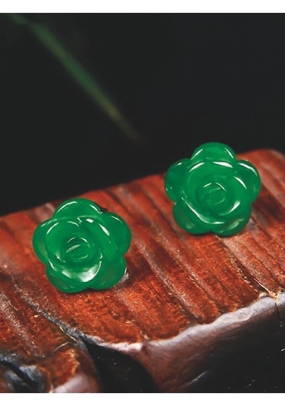 Yeşil Gül Model Kadın Gümüş Küpe 8 Mm