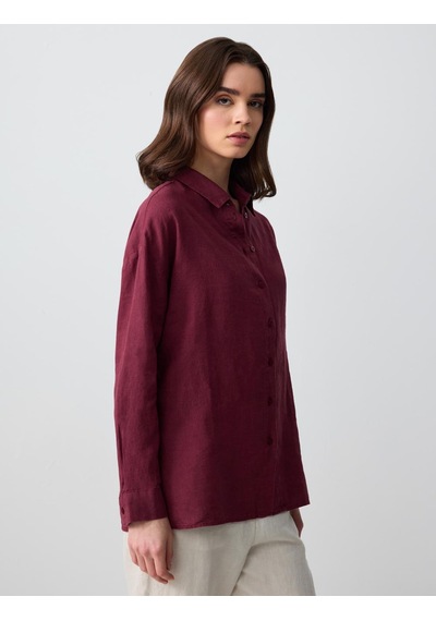 Jimmy Key Bordo %100 Keten Düz Kesim Uzun Kollu Dokuma Gömlek 5sw082558562
