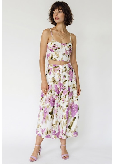 Kadın Çiçek Desenli Crop Bluz Ve Düğme Detaylı Midi Etek Takım 7697 60286365 - Ekru-mor
