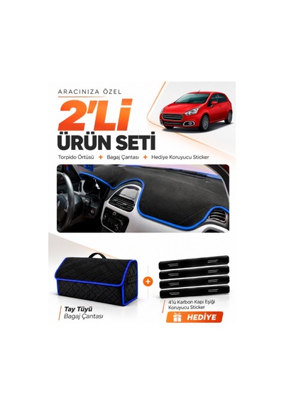 Fıat Punto Evo 2015-2021 Uyumlu Torpido Örtüsü + Tay Tüyü Bagaj Çantası + Sticker - Siyah Mavi