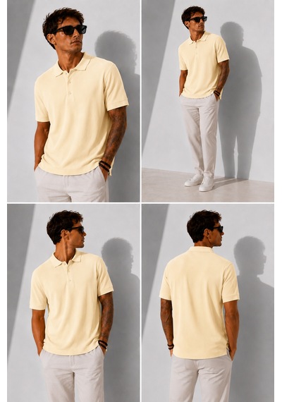 Ribana Erkek Kısa Kollu Fitilli Yarım Düğme Kapama Polo Yaka T-shirt 26001 Sarı