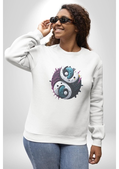 Renkli Yin İle Yang Kuramı Unisex Beyaz Baskılı Sweatshirt Beyaz