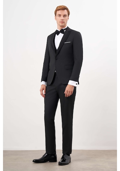 Morven Erkek Siyah Poliviskon Ceromonia Jakar Desen Slim Fit Şal Çıkma Yaka Damatlık 25mc055006001 Siyah