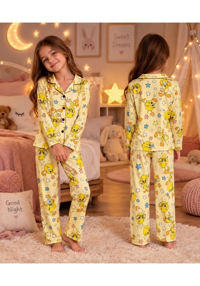 Mihra Kız Çocuk Sarı Tweety Desenli Önden Düğmeli Pijama Takımı