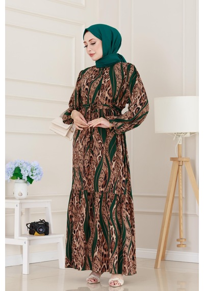 Sevitli Leopar Desenli Beli Tünelli Viscon Elbise-yeşil-5091 Yeşil