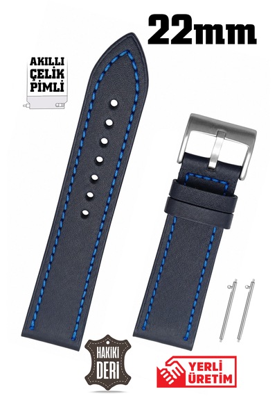 22mm Lacivert Mavi Dikişli Spor Hakiki Deri Saat Kordonu Kayış Akıllı Pimli Chr118322 Lacivert - Mavi