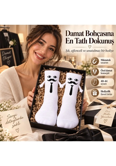 Womanandkids Wak Mıknatıslı Damat Çorabı Erkek Beyaz Bıyık Kravat El Ele Tutuşan Düğün Çeyiz Bohça Eğlenceli Çora