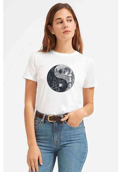 Stranger Things Ying Yang Upside Down Baskılı Beyaz Kadın Tshirt