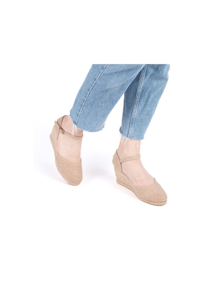 Gerçek Elişi Bilekten Bantlı Topuğu Açık Keten Espadril Dolgu Topuk Handmade Çok Renkli