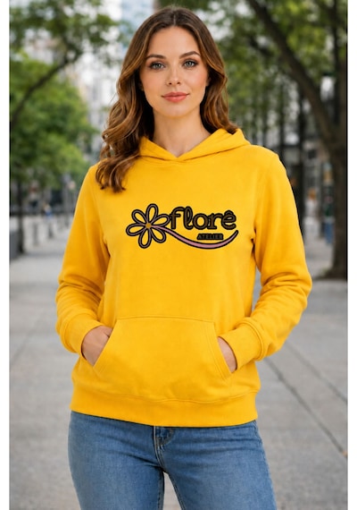 Herkesemoda Flore, Baskılı Kapüşonlu 2 İplik Şardonlu Sweatshirt Sarı