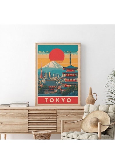 Retro Tokyo Seyahat Posteri: Fuji Dağı Ufuk Çizgisi Sanatı &