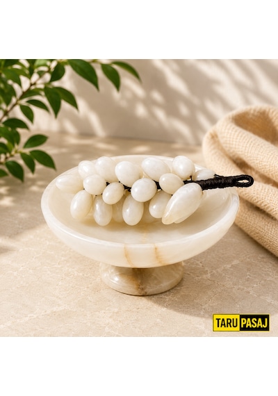 Feng Shui Bereket Üzümü Ve Van Taşı Ayaklı Çanak Seti 30 Taneli Doğal Taş Üzüm Salkımı Dekor 5 İnç El Yapımı Çanak Beyaz