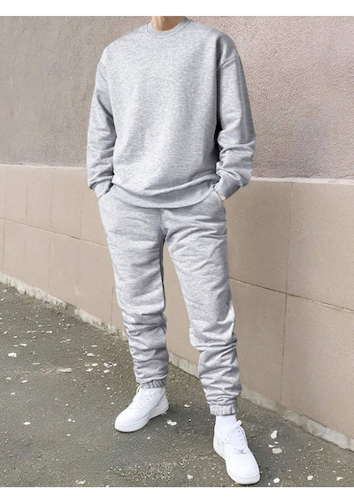 Erkek Düz Eşofman Takımı Sweatshirt Jogger - Gri Oversize Şardonlu Bisiklet Yaka Gri