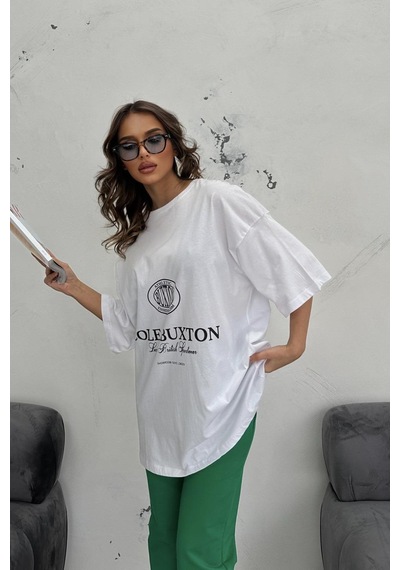 WeShaya Kadın Beyaz Yeşil Baskılı Lycra Oversize İkili Takım Beyaz