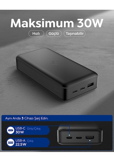 Spigen Essential 30000 Mah 30w Usb-c + Usb-a Giriş / Çıkış Hızlı Şarj 3 Portlu Powerbank Siyah Aba09435 Siyah