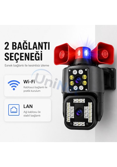 Uninet 6mp Çift Lensli Dış Mekân Güvenlik Kamerası 355 Ptz Döner Başlık, Siren, Polis Çakarı Ve Çift Yönlü Ses