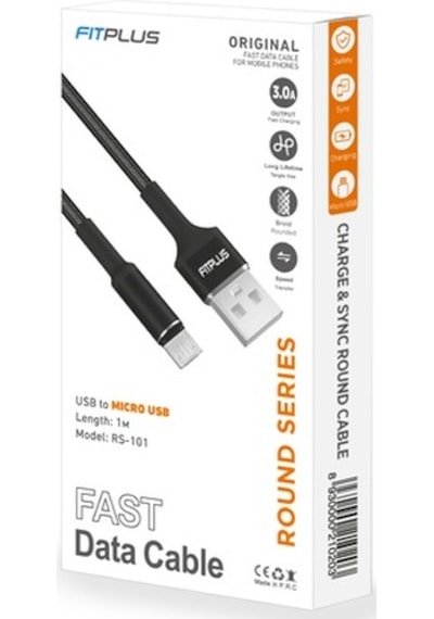 Fitplus Round Rs-101 Micro Usb Data/Şarj Kablosu 3A 1M Örgü Siyah
