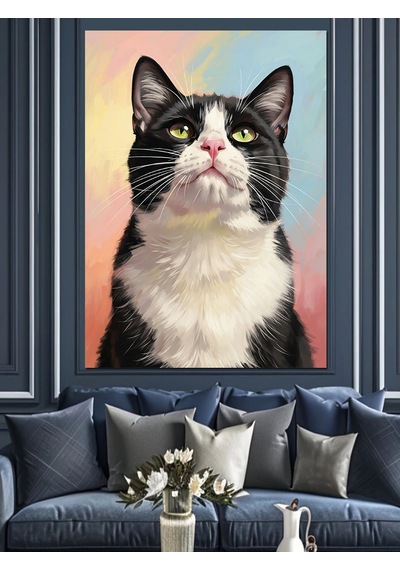 Ahşap Tablo Yukarı Bakan Siyah Kedi