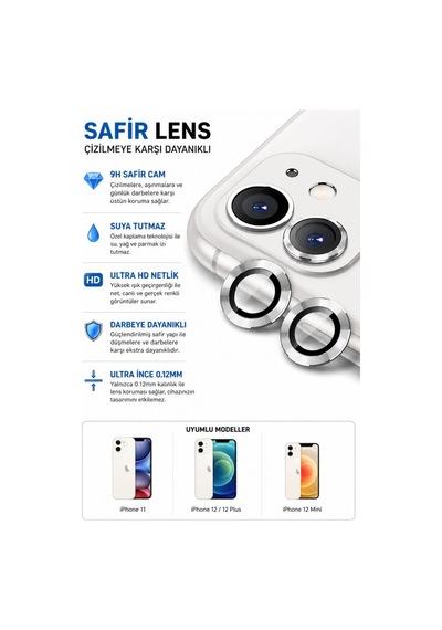 Apple iPhone Uyumlu  11 / 12 / 12 Mini Açık Gri Metal Kamera Lens Koruyucu Safir Cam Ultra Net Hd